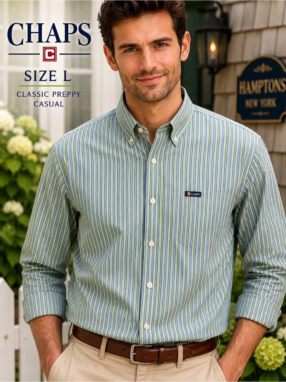 Chaps Striped Button Down Shirt Men’s Large Blue Green Preppy Casual